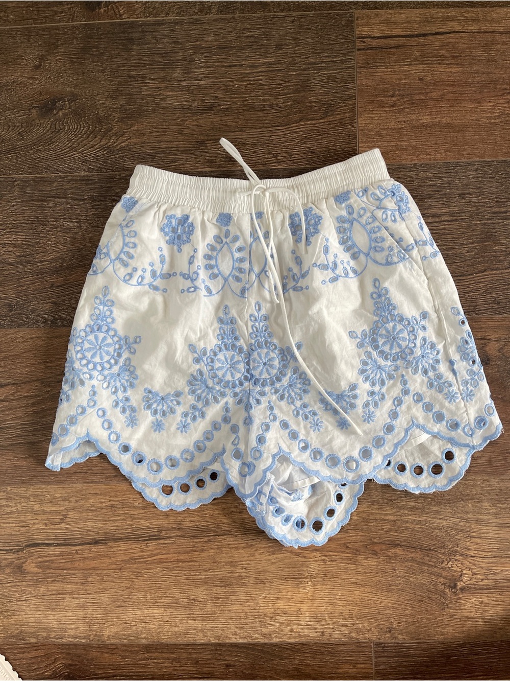 White and Light Blue Eyelet Shorts with Drawstring Waist - Women's